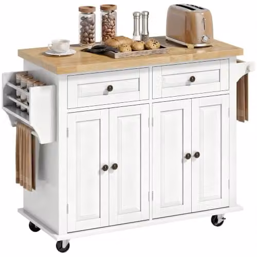 HOMCOM Rolling Kitchen Island Storage Trolley in White with Castors, W/D/H: 82.5 x 44.5 x 111 cm