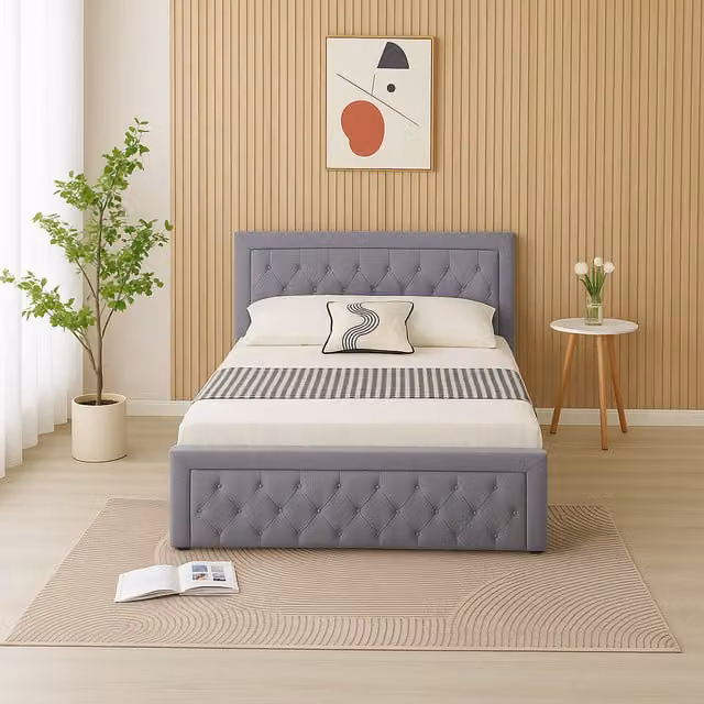 Home Treats Modern Upholstered Ottoman Bed Frame with Lift Up Base in Grey, W/D/H: 140 x 200 cm