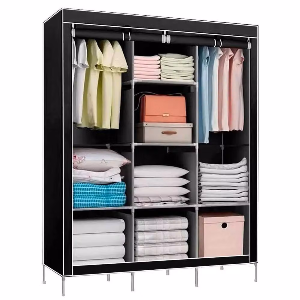 FORGEVIO Black Heavy Duty Fabric Canvas Wardrobe with Hanging Rod – 4
