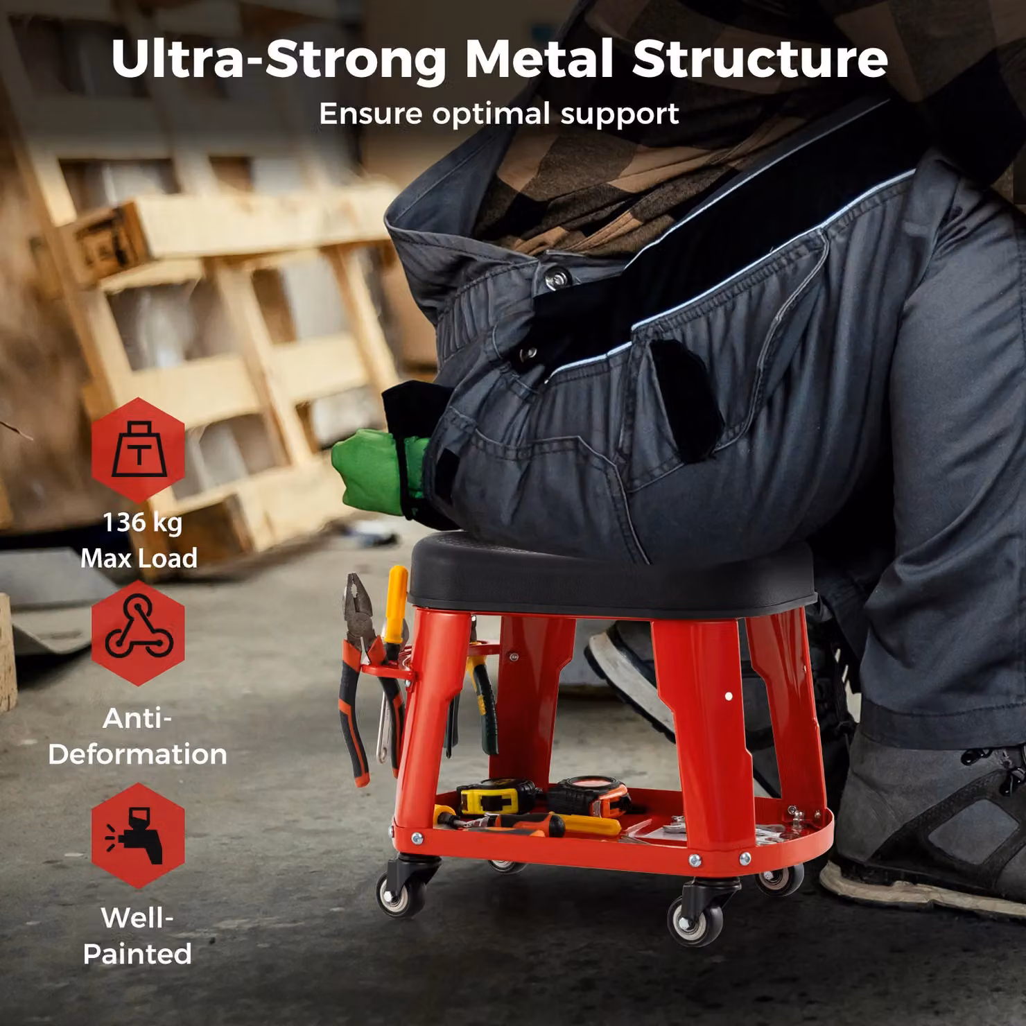 Gymax Red Rolling Garage Stool Creeper Seat with Detachable Seat and Tool Holder – 6