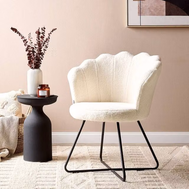 Wyld Haus X Armless Bouclé Shell Chair in White with Black Metal Frame