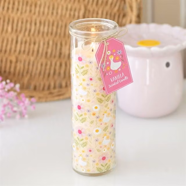 KDMK Pink and Multicolour Daisy Duck Print Vanilla Scented Glass Tabletop Candle, 55 g