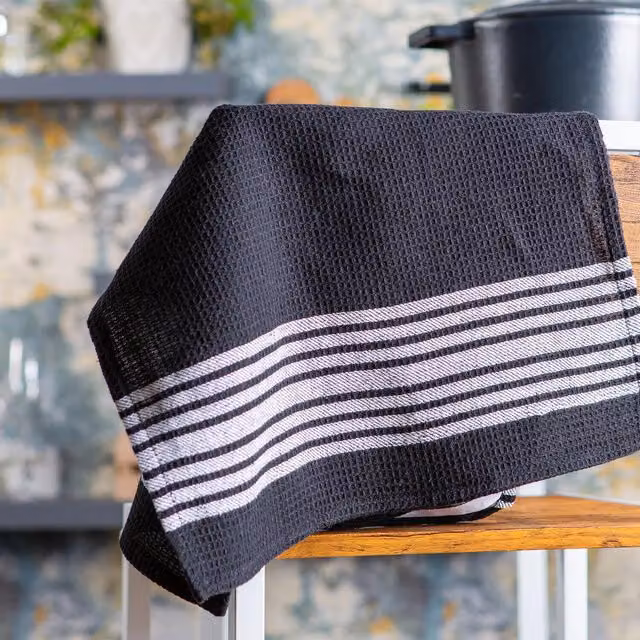 Nicola Spring Highly Absorbent Striped Cotton Tea Towel, Black, Pack of 2