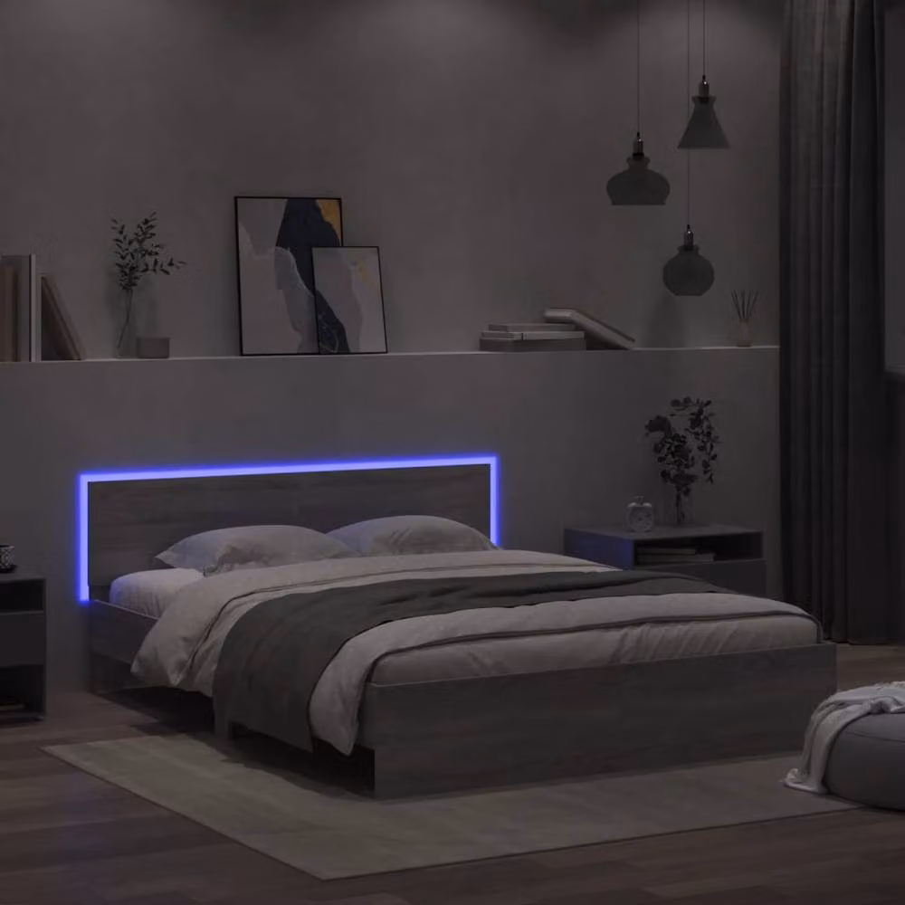 Berkfield Home Modern Bed Frame with LED Under-Bed Lighting and USB Charging Port in Grey Sonoma, W: 160 cm, L: 200 cm – 4