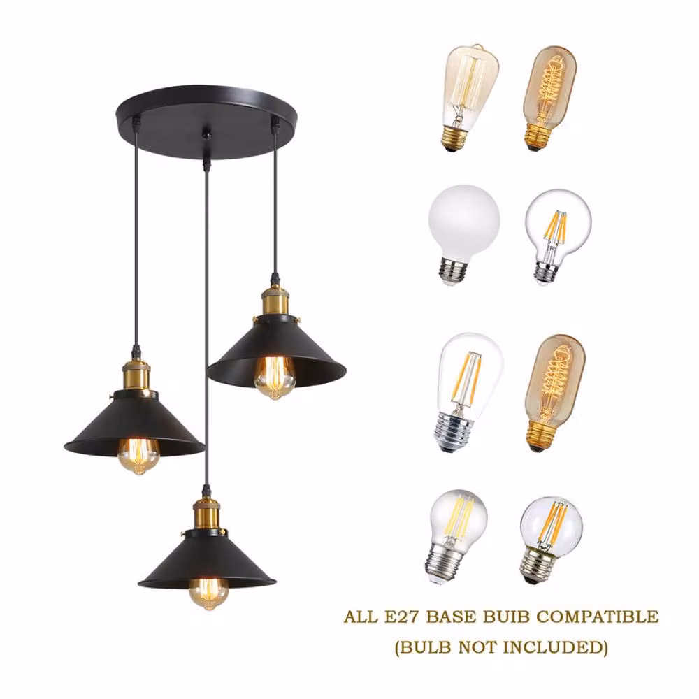 COMELY 3-Light Vintage Metal Pendant Light in Black with E27 Fitting – 5