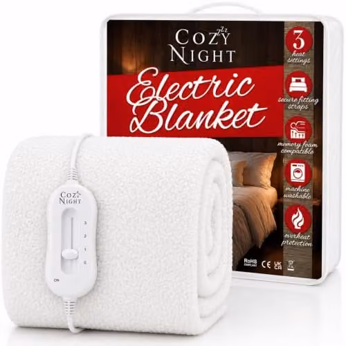 Cozy Night Single White Fleece Electric Blanket with Corner Elastic Straps, W/D/H: 90 x 190 cm
