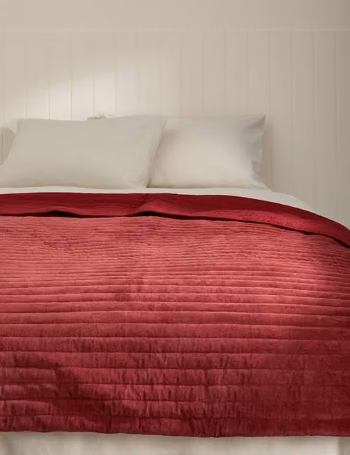 M&S Red Quilted Pure Cotton Velvet Striped Bedspread