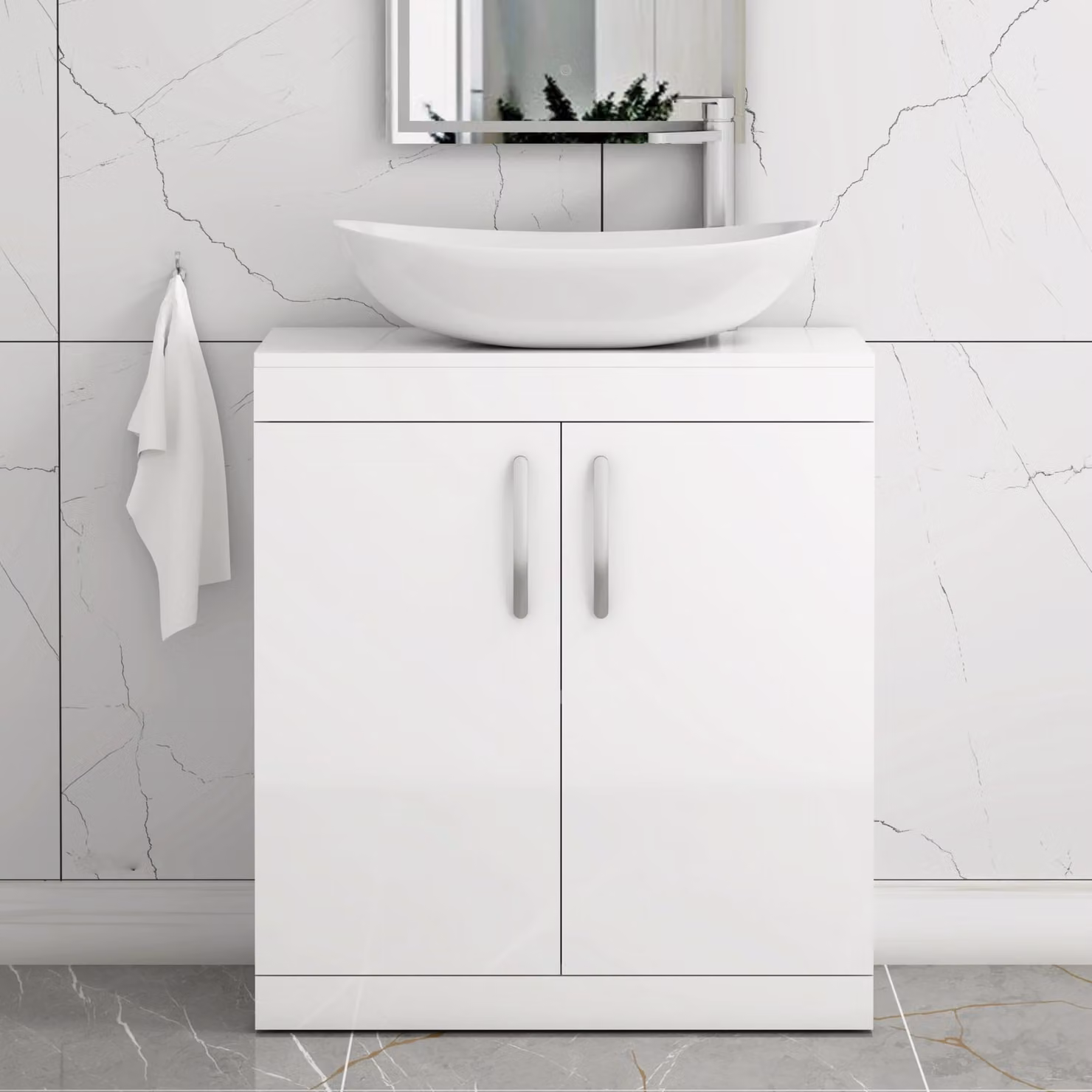 Cesar Turin 600mm Gloss White 2 Door Floor Standing Bathroom Vanity Unit with Countertop Basin