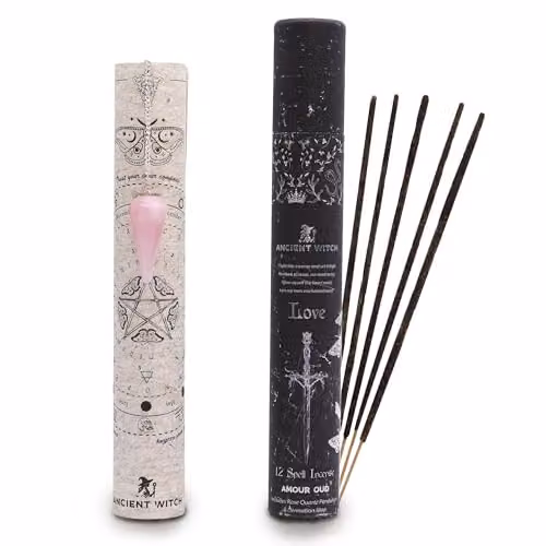 Serenityy Ancient Witch Love Spell Amour Oud Incense Sticks with Pink Rose Quartz Stone