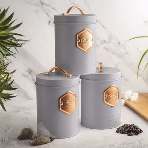 Cooks Professional 3-Piece Tea, Coffee and Sugar Airtight Storage Canister Set in Grey with Copper Labels – 4