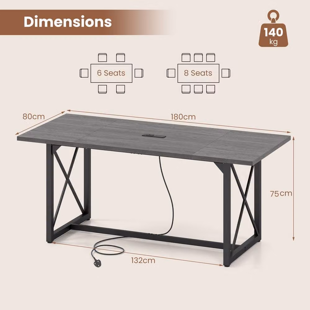 Costway Industrial Rectangular Conference Table with Power Outlets in Grey – 2