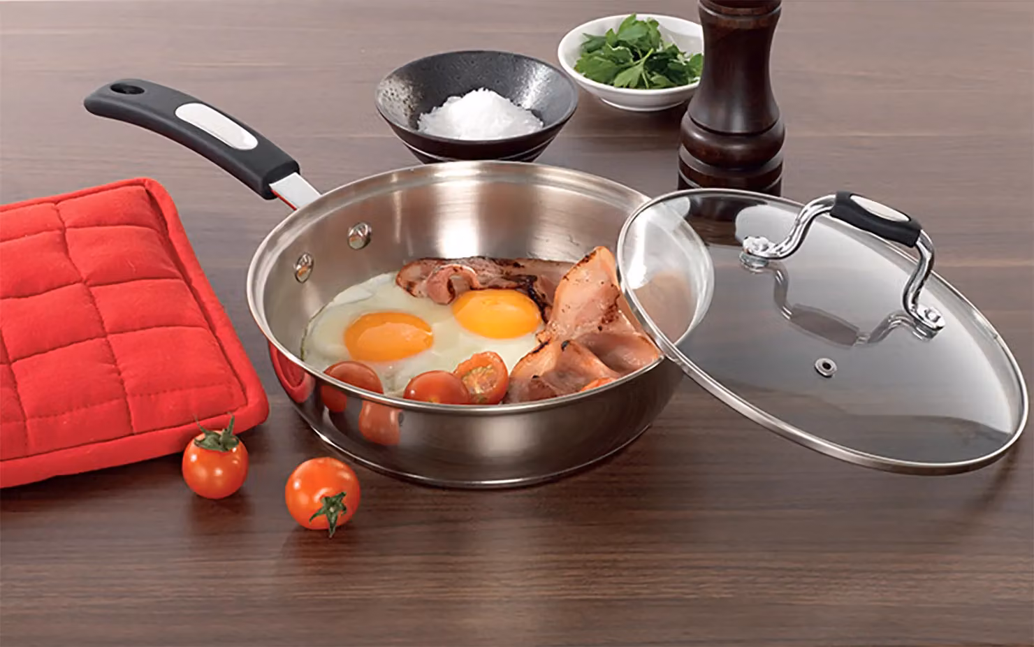 Baccarat 2-in-1 Stainless Steel 4 Cup Egg Poacher and Frying Pan with Glass Lid, Metallic Silver, Diameter: 20 cm – 2