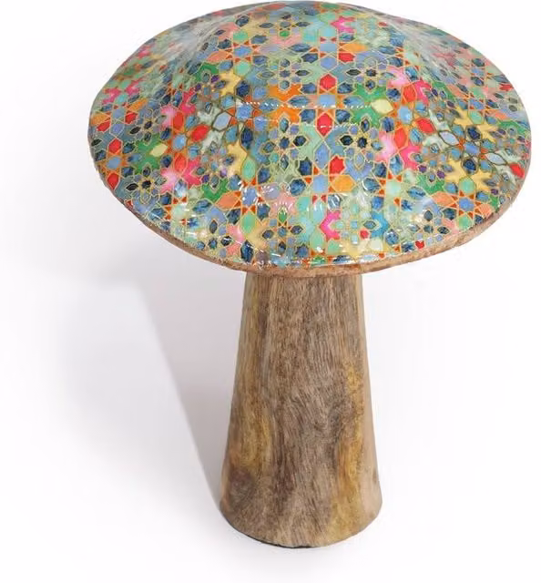 Serenityy Small Wooden Mushroom with Mediterranean Geometric Tile Pattern in Multicolour