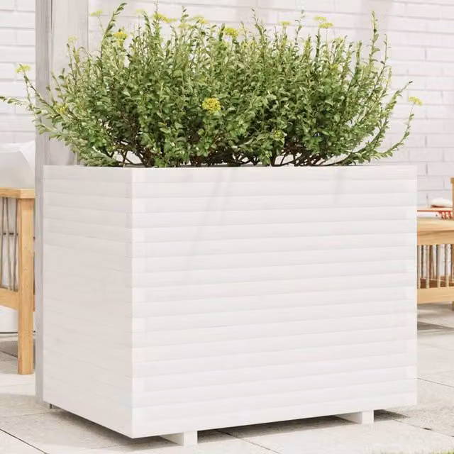 Berkfield Home White Solid Wood Pine Garden Planter W: 90 cm, D: 60 cm, H: 72.5 cm