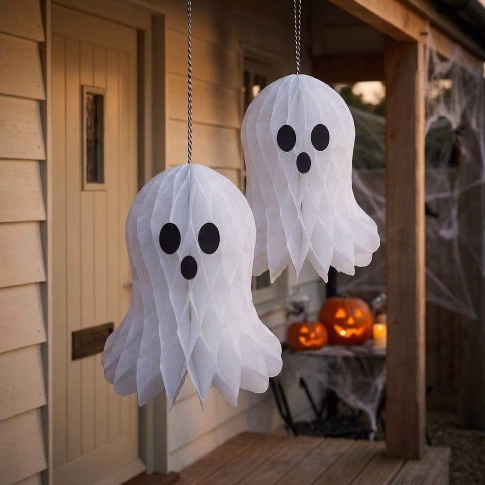 Garden Greatness 2 Pack White and Multicolour Honeycomb Hanging Paper Ghosts for Halloween – 2