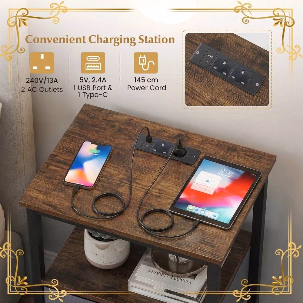 FORGEVIO Industrial Bedroom End Table with Charging Station in Brown – 4