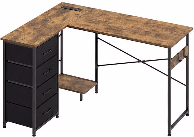 Levede L-Shaped Corner Desk with Drawers and Power Outlet in Rustic Brown, W/D/H: 135 x 100 x 76.5 cm – 6