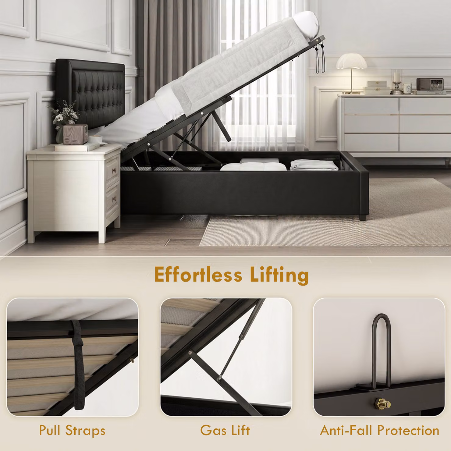 HOMCOM King Ottoman Bed Frame in Black Synthetic Leather with Lift-Up Storage Base and Adjustable Headboard, W: 180 cm, D: 200 cm, H: 144 cm – 5