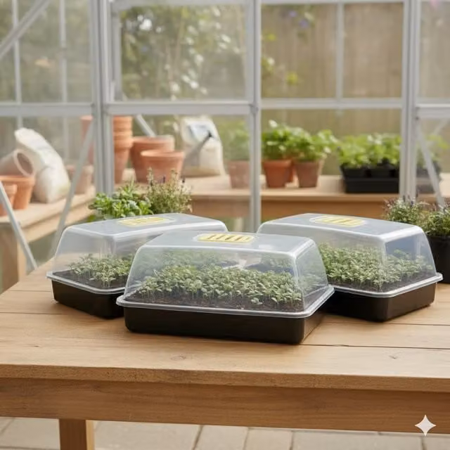 Whitefurze 3-Piece Seed Tray Propagator Set with Vented Cover and Gravel Tray, Clear, Green and Black, Width: 38 cm