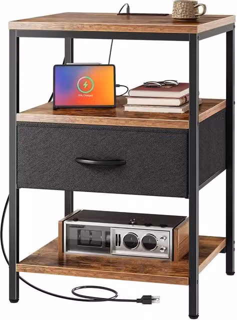 Kelvenix Narrow Side Table in Brown with USB and Power Outlets