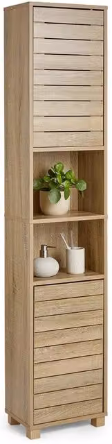 Havendro Tall Bathroom Cabinet in Light Oak Wood Effect with Hinged Doors and Internal Shelves, H: 165 cm, W: 34 cm, D: 23 cm – 1