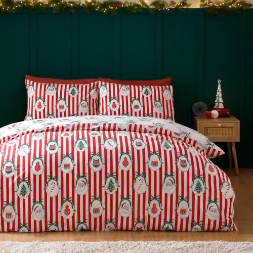 Catherine Lansfield Christmas Vintage Stripe Reversible Double Duvet Cover Set in Red and White, W/D/H: 200 x 200 cm with 2 x 50 x 75 cm Pillowcases – 1