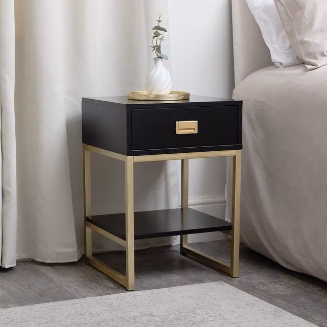 Melody Maison Elle Black One Drawer Bedside Table with Gold Accents