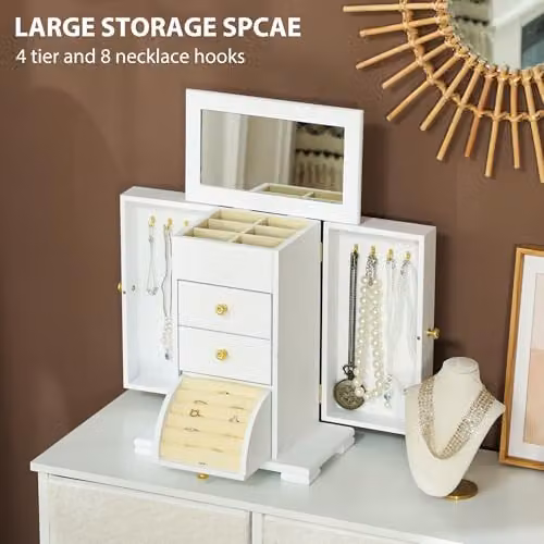 HOMCOM 4-Tier Large Jewellery Box Organiser in White and Gold Wood – 3