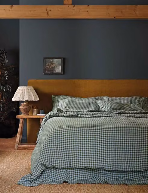 Piglet In Bed Pure Linen Gingham Checked Duvet Cover in Green Mix