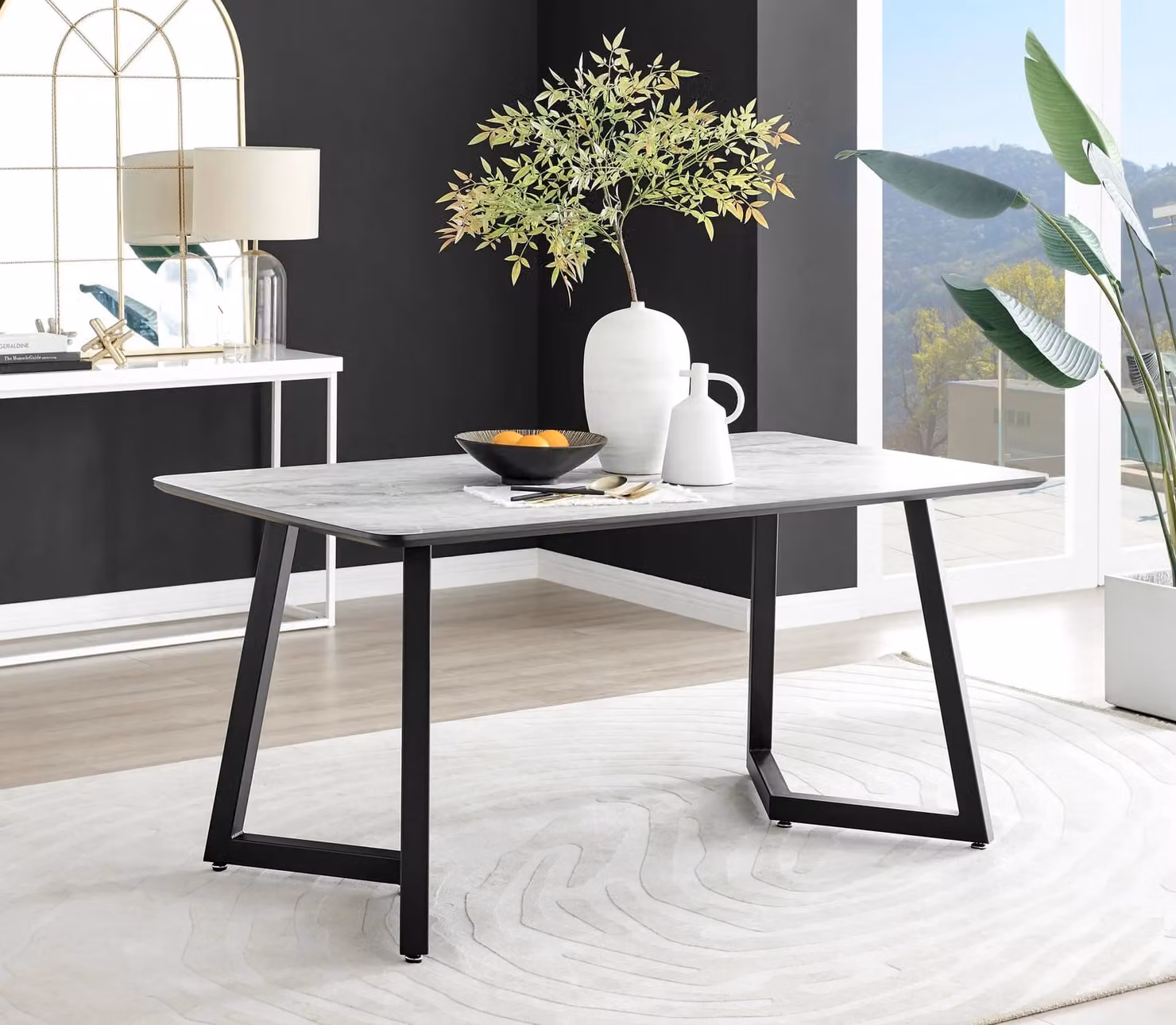 FurnitureboxUK Carson White Marble Effect Dining Table and 6 Milan Black Leg Chairs – 2
