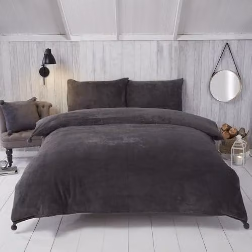 Rapport Home Pom Pom Teddy Fleece Sherpa Duvet Cover and Pillowcase Set in Grey – 3