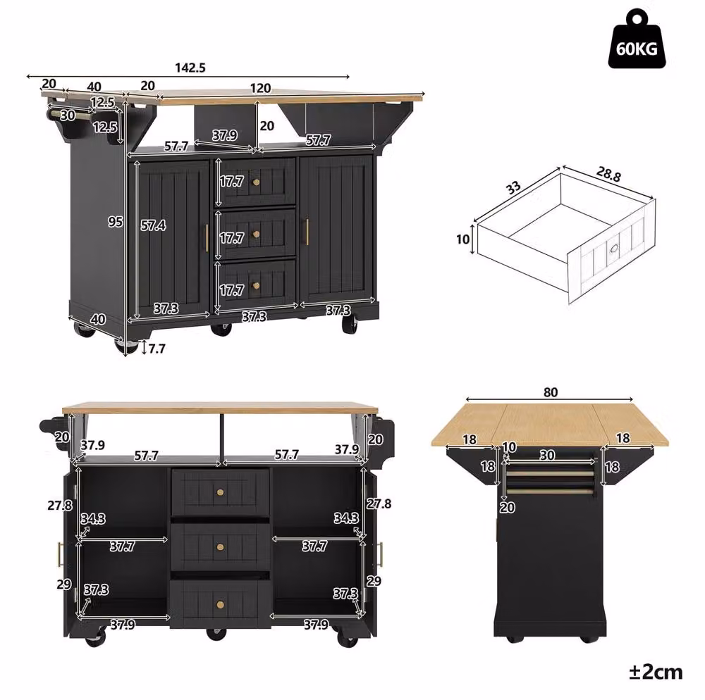 STILVORA Modern Black Kitchen Island with 3 Drawers and 2 Doors, W/D/H: 120 x 40 x 95 cm – 3