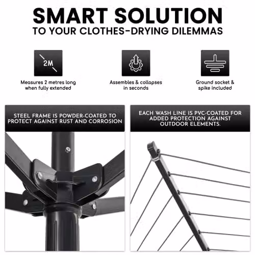 Tanness 4 Arm Rotating Clothes Airer with 45m Washing Line in Black – 5