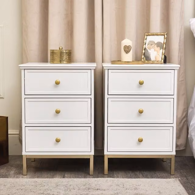 Melody Maison Aisby White Range Pair of Three Drawer Bedside Tables in White and Gold