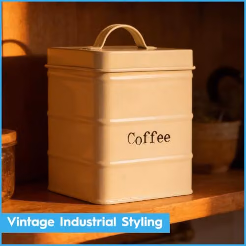 Harbour Housewares Metal Tea Coffee Sugar Canister Set in Beige and White with Airtight Lids – 4