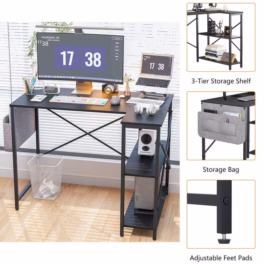 Huhote L-Shaped Corner Computer Desk in Black with 2 Shelves and Storage Bag, W/D/H: 100 x 70 x 75 cm – 3