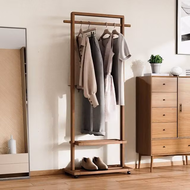 Livingandhome Modern Bamboo Clothes Rail with Wood Storage Shelves in Brown