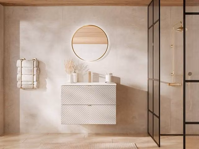 Vente-unique Suspended Chevron Bathroom Vanity Unit with Inset Basin in Beige, Width: 80 cm