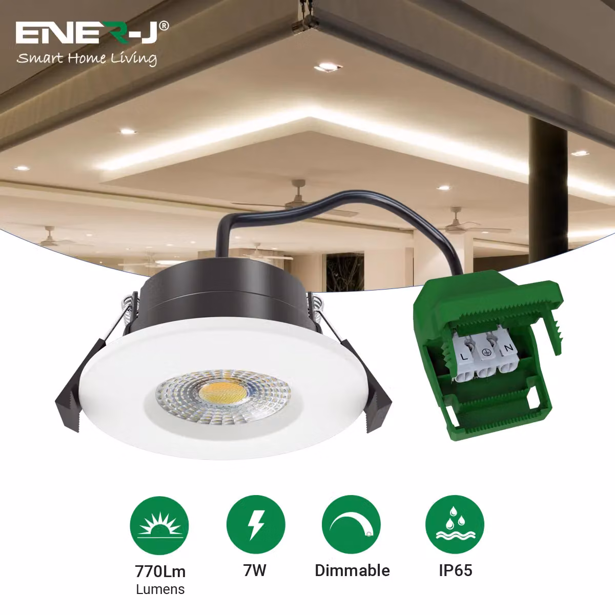 ENER-J 7W Dimmable and CCT Changeable LED Fire Proof Recessed Downlight, IP65, White, Pack of 2, Diameter: 25 cm, Height: 19 cm – 2