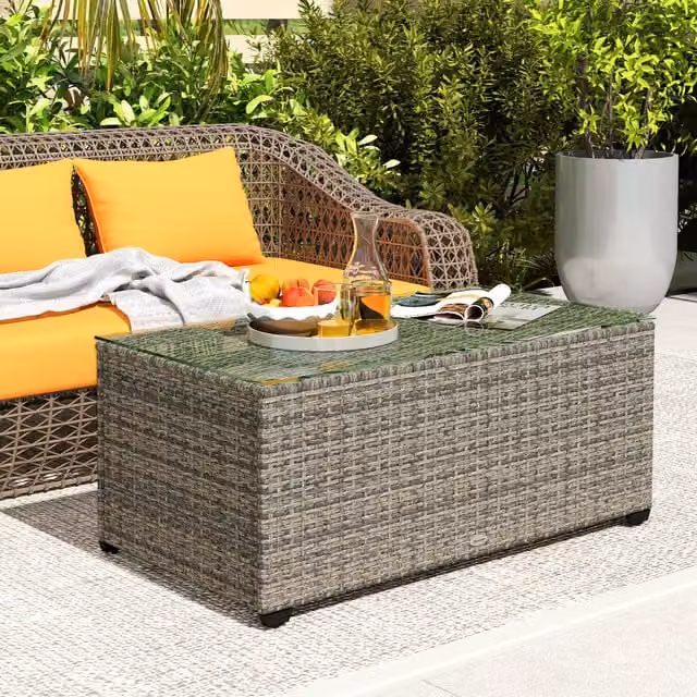 Outsunny Modern Rattan Side Table with Glass Top in Dark Grey