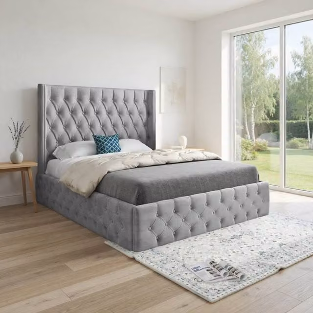 KDMD Verwood Winged Upholstered Designer Bed Frame in Grey Soft Velvet, Size: King (W/D/H: 180 x 159 x 137 cm) – 1