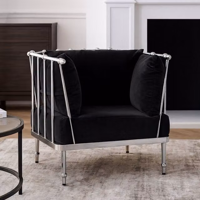 Fifty Five South Modern Velvet Tub Chair with Armrests and Silver Metal Frame in Black
