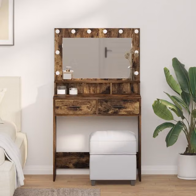 Berkfield Home Hollywood LED Makeup Table in Smoked Oak Brown, W/D/H: 79 x 41 x 135 cm – 1