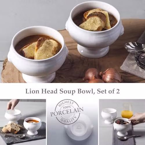 Bartleet & Sons 1750 TSET120 Traditional Porcelain Lion Head Design French Onion Soup and Stew Bowl Set of 2, White, 350ml per bowl – 2