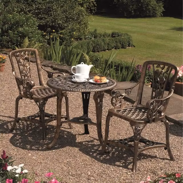 Garden Gear Three Piece Rose Bistro Set in Bronze and Brown with Floral Design