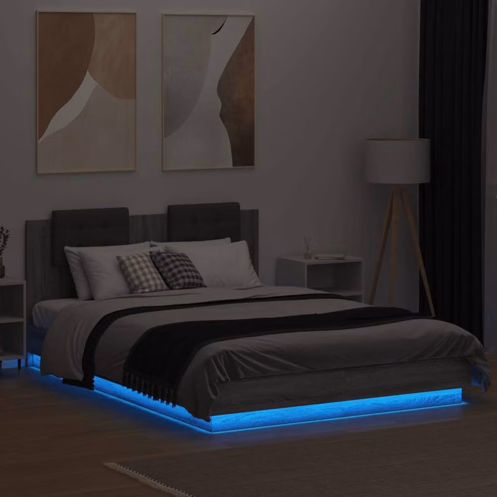 Berkfield Home Small Double Bed Frame in Grey Sonoma with LED Under-Bed Lighting and USB Charging Ports, W/D/H: 120 x 200 cm – 4