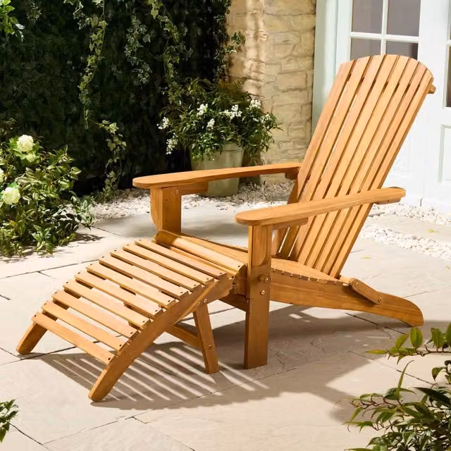 VonHaus Hudson Acacia Folding Adirondack Garden Chair and Footstool in Brown