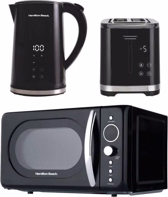 Hamilton Beach FlexiControl Retro Kitchen Set in Black, including 1.7L Digital Kettle, 2-Slice Toaster and 20L Microwave – 1