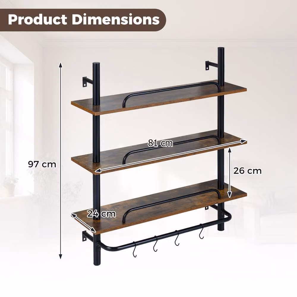 Costway 3-Tier Floating Wall Mounted Display Shelves with 4 Hooks in Dark Brown – 3