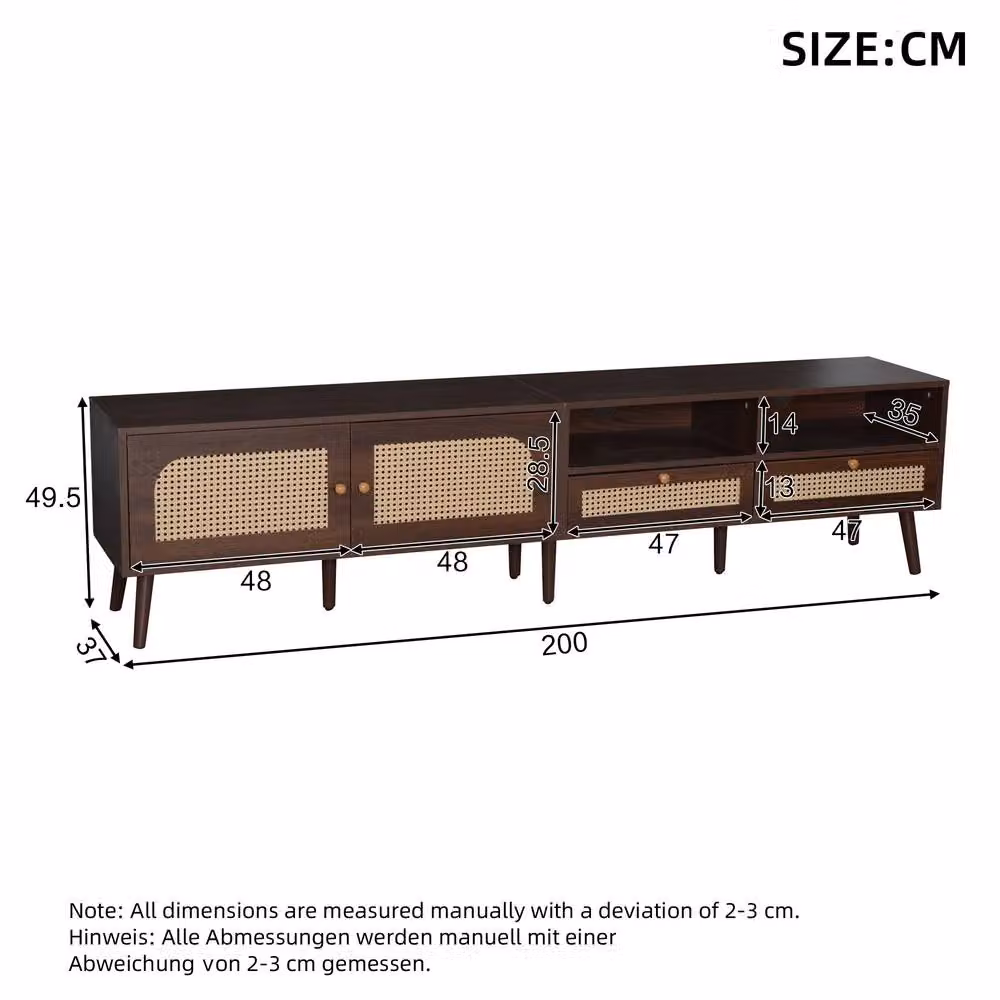 Rolipo Brown Dark Wood and Rattan TV Stand Entertainment Center for up to 90 Inch TVs, Width: 200 cm – 3